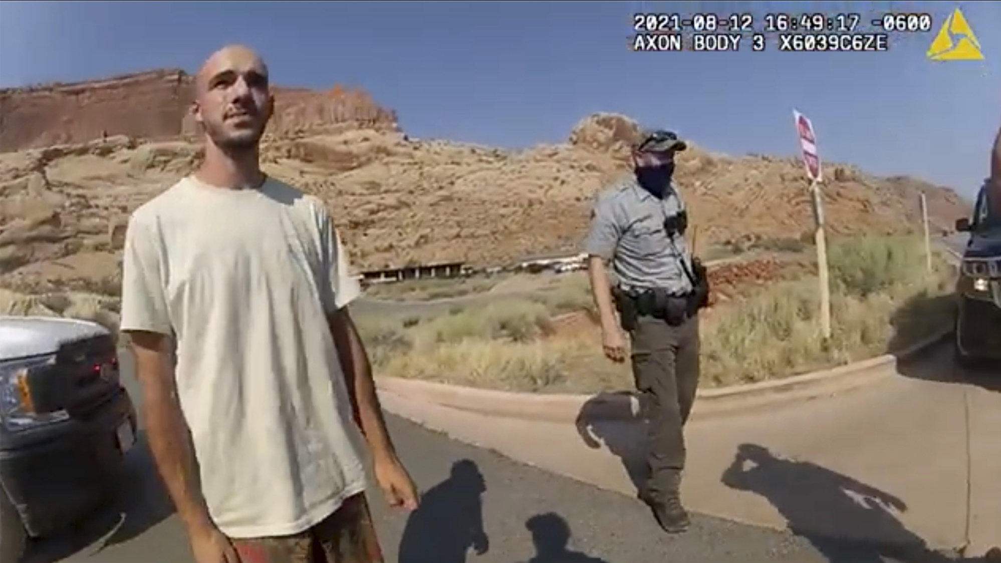 This police camera video provided by The Moab Police Department shows Brian Laundrie  talking to a police officer after police pulled over the van he was traveling in with his girlfriend, Gabrielle â€œGabbyâ€ Petito, near the entrance to Arches Nati