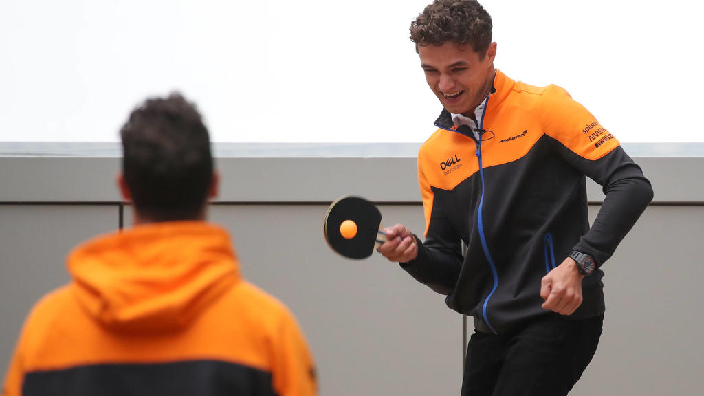 SOCHI, RUSSIA - SEPTEMBER 23, 2021: McLaren drivers Lando Norris R and Daniel Ricciardo play Table tennis, Tischtennis ahead of the 2021 Formula One Russian Grand Prix to be held in Sochi on September 24-26, 2021, at the Sochi Autodrom racing circui