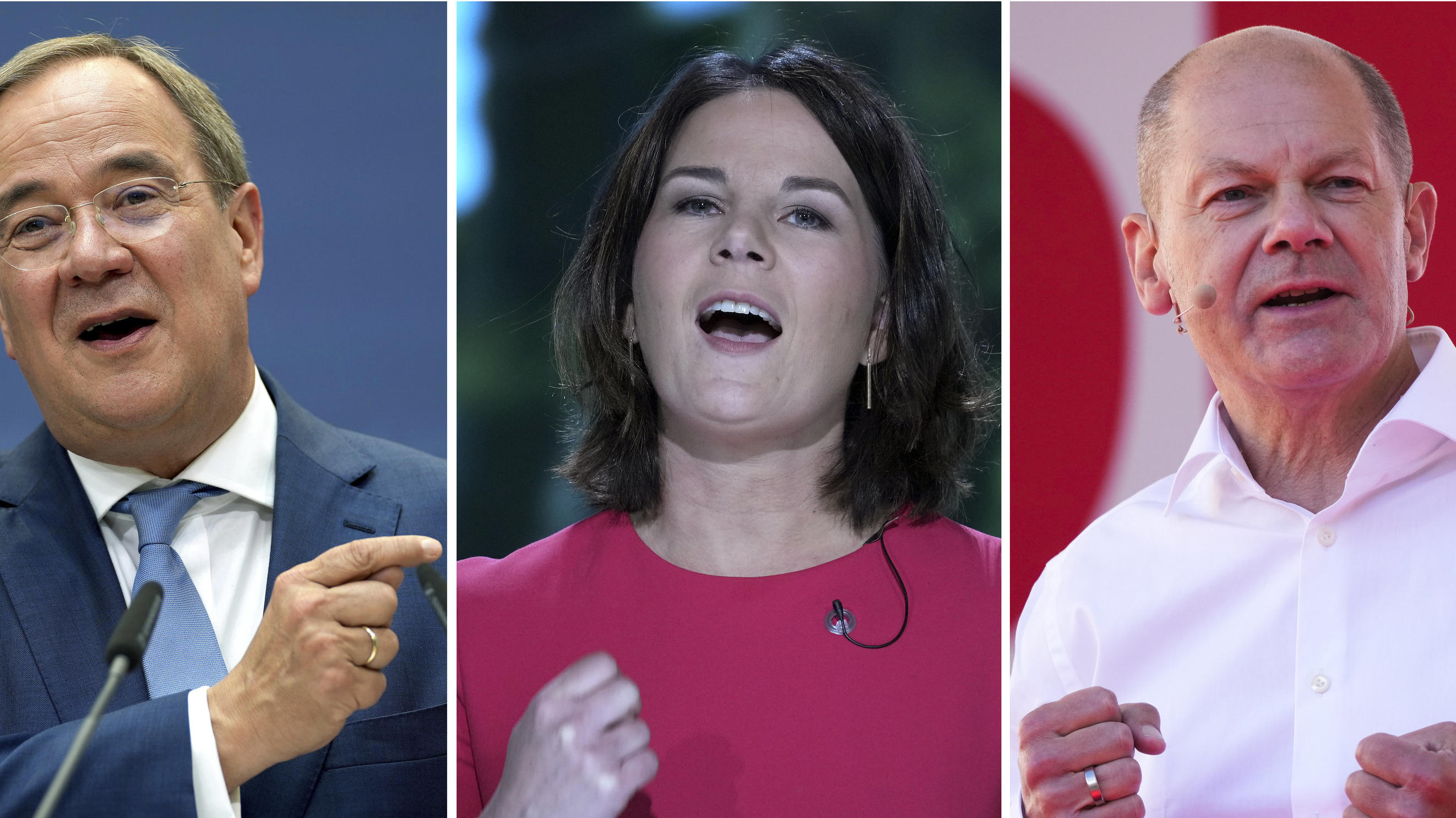 FILE - A combo images all taken in 2021 shows the chancellor top candidates, Olaf Scholz of the Social Democrats, Anna-Lena Baerbock of the Greens and Armin Laschet of the Christian Democrats, from right, during different election campaigns in German