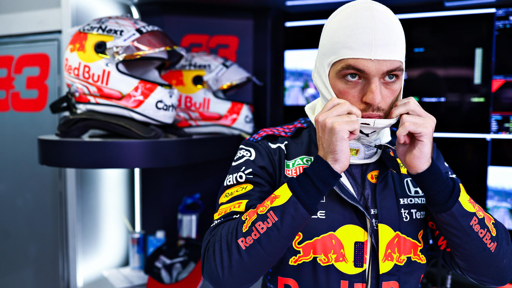 SOCHI, RUSSIA - SEPTEMBER 24: Max Verstappen of Netherlands and Red Bull Racing prepares to drive in the garage during practice ahead of the F1 Grand Prix of Russia at Sochi Autodrom on September 24, 2021 in Sochi, Russia. (Photo by Mark Thompson/Get