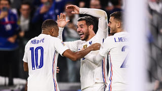 Franceâ€™s Theo Hernandez, center, celebrates after scoring his sideâ€™s third goal during the UEFA Nations League semifinal soccer match between Belgium and France at the Juventus stadium, in Turin, Italy, Thursday, Oct. 7, 2021. (Fabio Ferrari/LaPresse via AP)