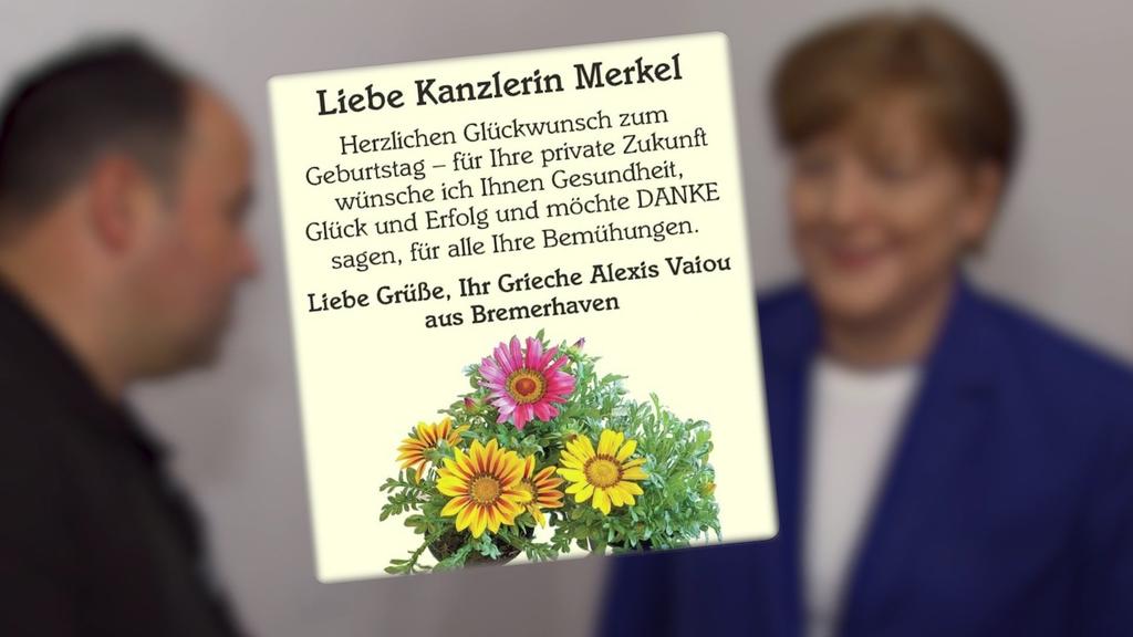 Geburtstagsanzeige für Angela Merkel von Alexios Vaiou, der sich selbst Alexis nennt.
