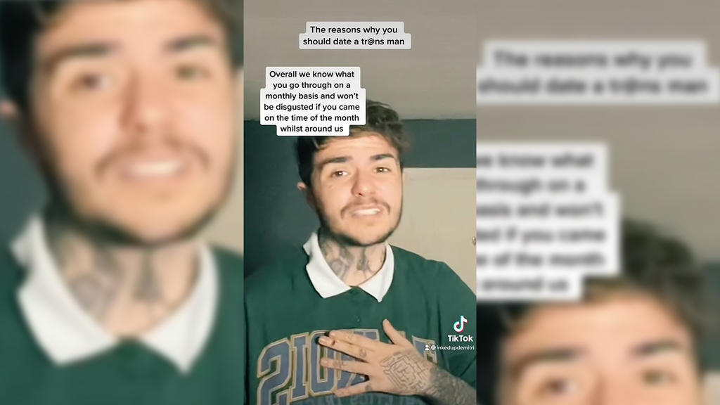 Ein Ausschnitt aus dem Tiktok-Video, in dem Dimitri zu Musik tanzt und Gründe eingeblendet werden, warum Trans-Männer bessere Partner sind.
