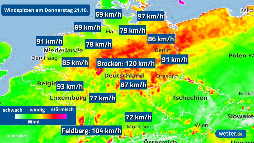 Die Windspitzen am Donnerstag