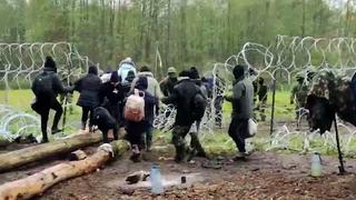 Eine an der polnisch-belarussischen Grenze festsitzende Gruppe von Migranten versucht, die Grenzbarriere zu durchbrechen.