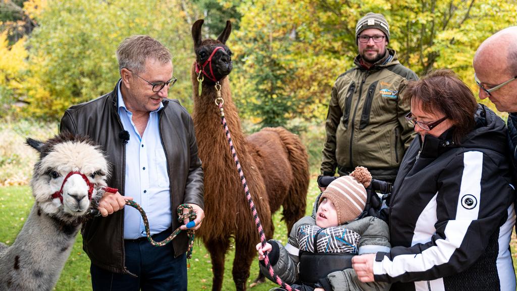 Jan Hofer beim Alpaka-Ausflug mit Luis Rogler und seiner Familie im Kinderhospiz Mitteldeutschland