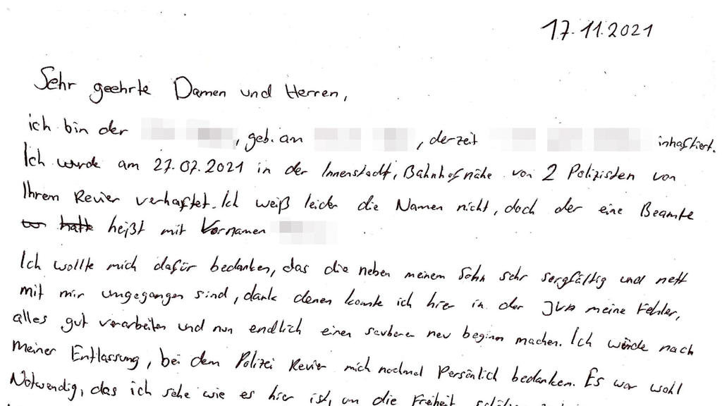 HANDOUT - 25.11.2021, Nordrhein-Westfalen, Bochum: Dieser Brief eines Häftlings hat das Bochumer Polizeipräsidium erreicht. Darin bedankt er sich für seine Festnahme. (zu dpa: Brief aus dem Knast: «Häftling bedankt sich bei der Polizei») Foto: Polize