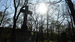 ARCHIV - 07.04.2020, Bayern, München: Die Sonne scheint hinter den Bäumen und eine Kreuz des Alten Nördlichen Friedhof. In Bayern feiern die evangelischen Christen Buß- und Bettag. Der Tag ist zwar kein gesetzlicher Feiertag mehr, Unterricht an den Schulen gibt es trotzdem nicht. Foto: Felix Hörhager/dpa +++ dpa-Bildfunk +++