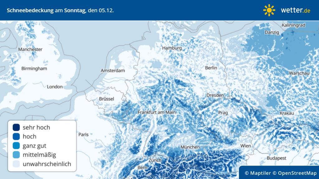 Prognose Schnee am Sonntag, 05.12.2021: Zum Sonntag hin sinkt die Schneefallgrenze wieder bis ins Flachland
