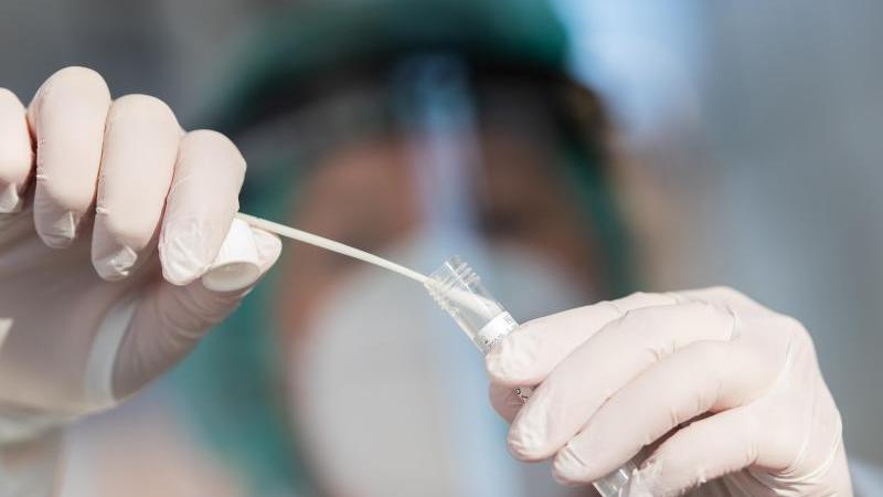 Ein medizinischer Mitarbeiter legt ein Abstrichstäbchen in ein Teströhrchen. Foto: Tom Weller/dpa/Symbolbild