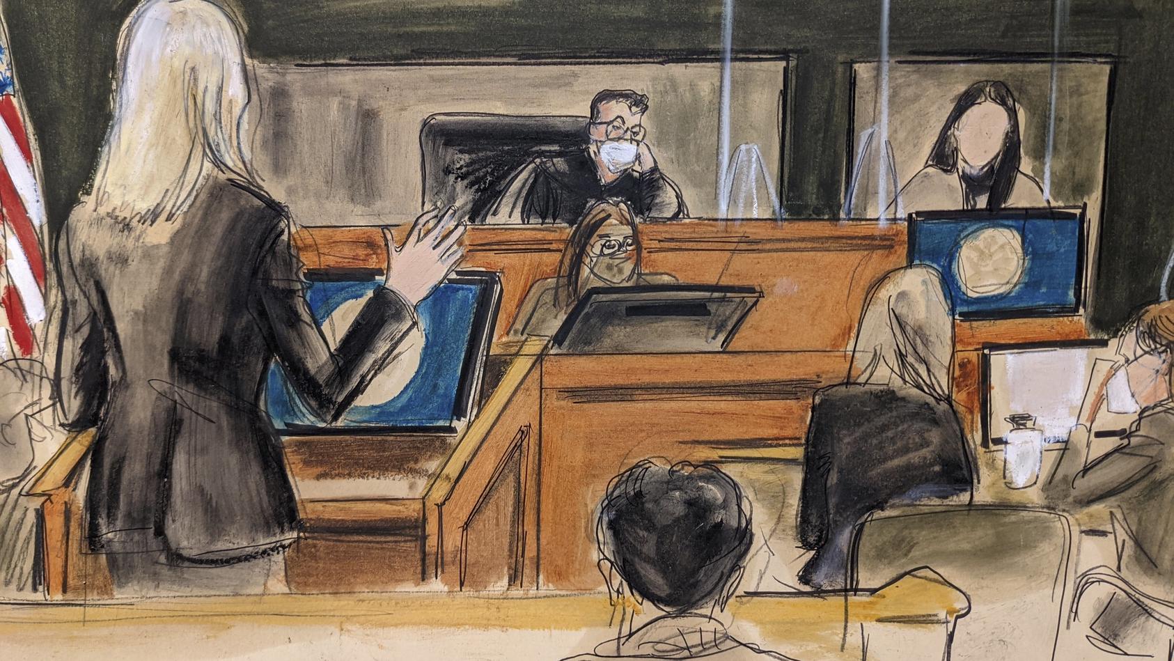 In dieser Skizze aus dem Gerichtssaal nimmt Ghislaine Maxwells Verteidigerin Laura Menninger, links, eine Zeugin ins Kreuzverhör, die das Pseudonym "Jane" benutzt,