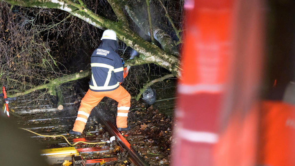 01.12.2021, Hamburg: Ein Feuerwehrmann zersägt mit einer Motorsäge einen Baum, der am Abend auf die U-Bahn-Gleise am Bahnhof «Sierichstraße» gestürzt ist und dabei unter anderem eine Signalanlage stark beschädigt hat (Sturmtief Daniel).