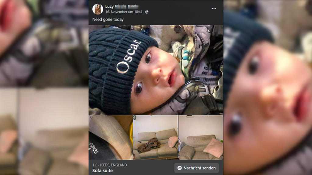 Bilder eines alten Sofas und eines Babys