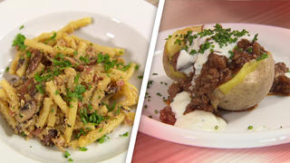 Pasta mit Pilz-Carbonara und Kartoffeln mit BBQ-Ragout