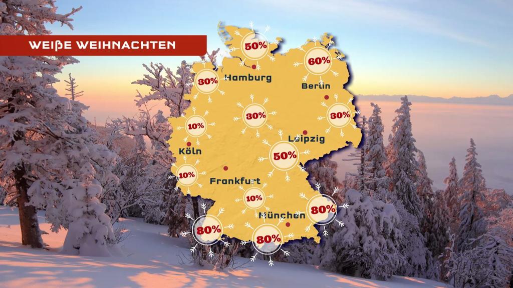 RTL-Wetterkarte mit Schnee-Aussichten für Weihnachten 2021.
