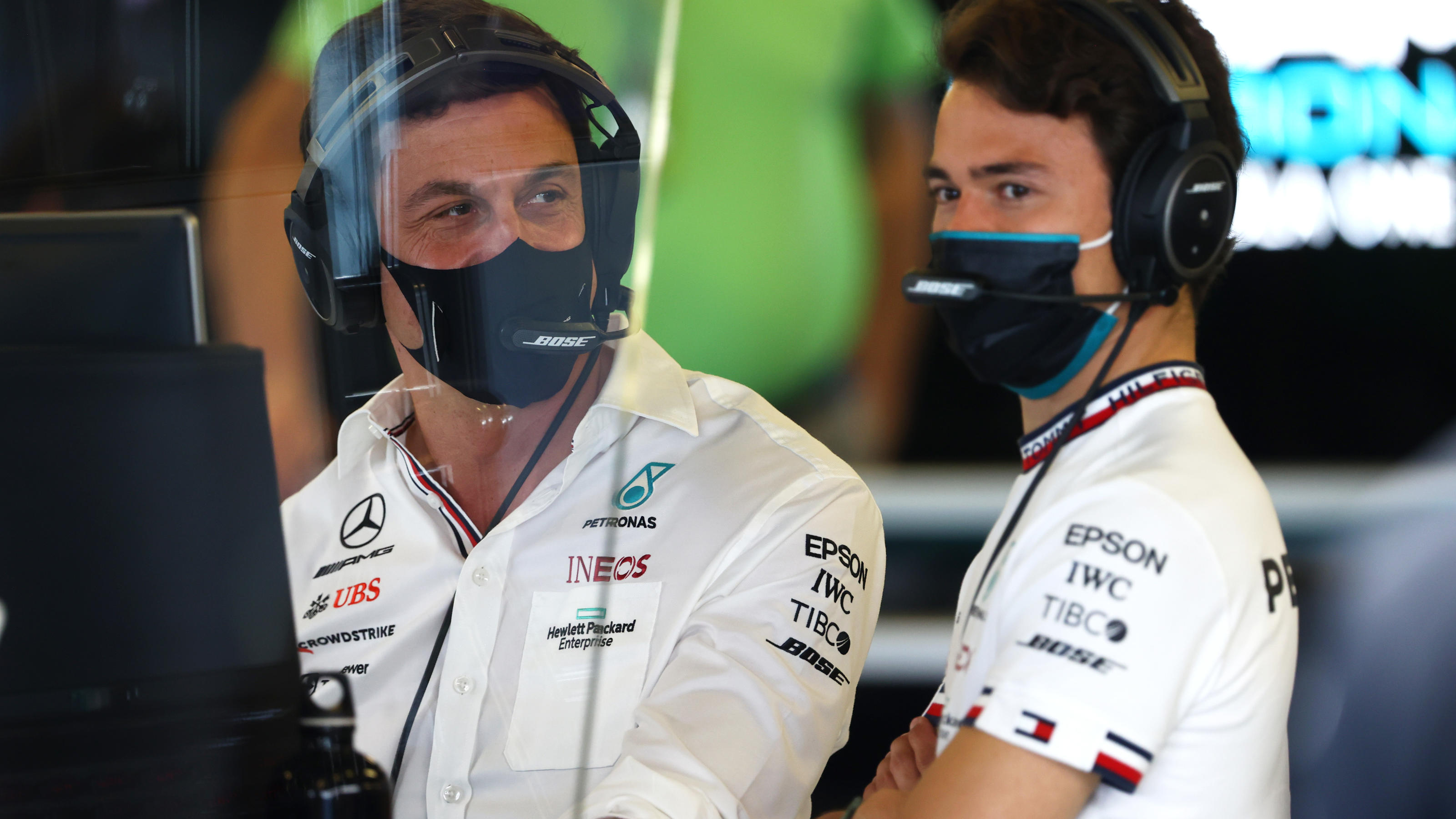 ABU DHABI, UNITED ARAB EMIRATES - DECEMBER 10: Mercedes GP Executive Director Toto Wolff and Nyck de Vries of Netherlands and Mercedes GP talk in the garage during practice ahead of the F1 Grand Prix of Abu Dhabi at Yas Marina Circuit on December 10,