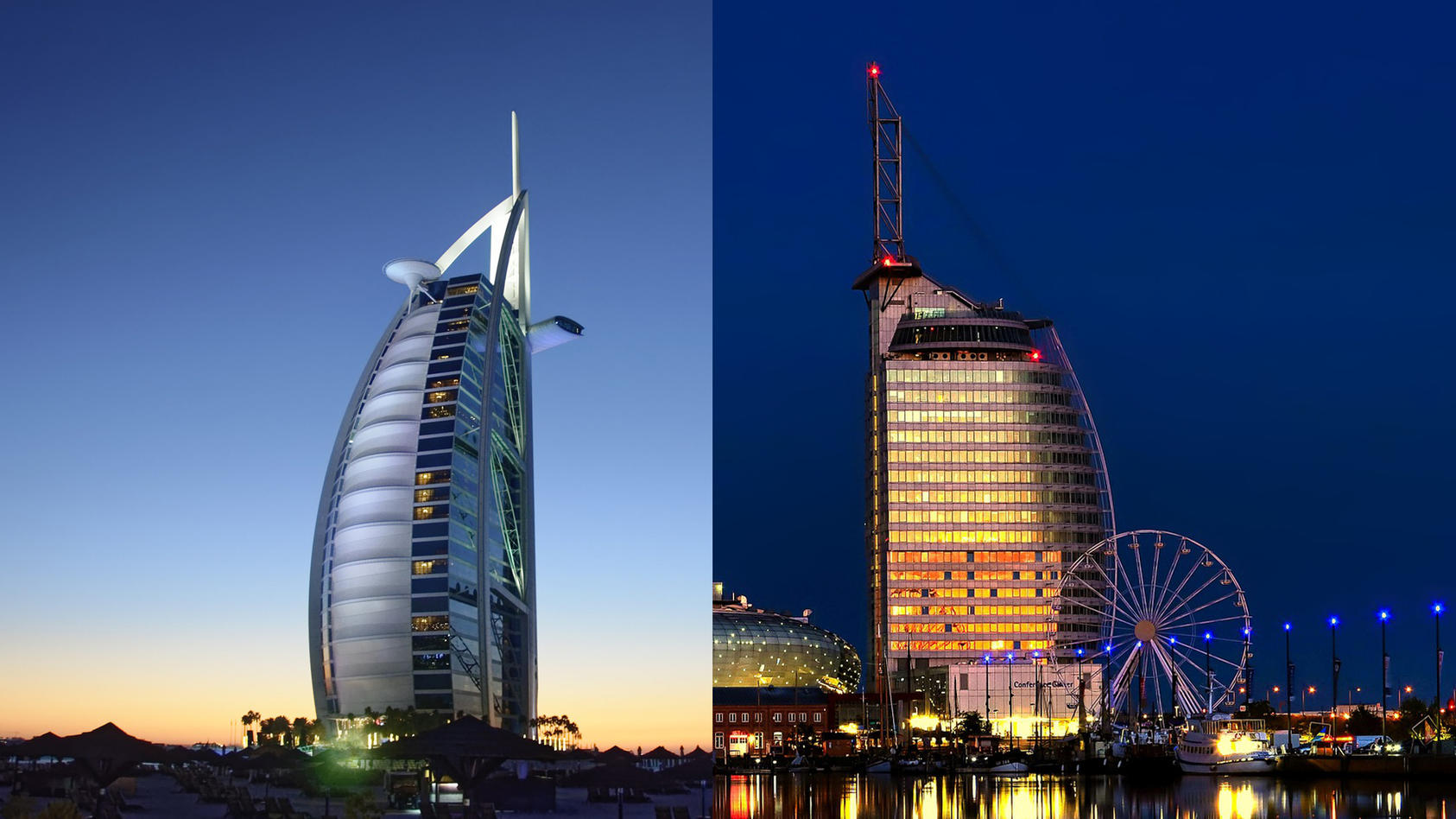Sieht fast aus wie ein Spiegelbild: Der Burj al Arab in Dubai und das Atlantic Hotel Sail City in Bremerhaven.