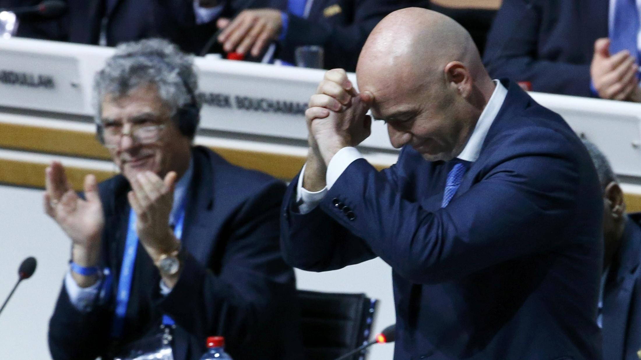 Newly elected FIFA President Gianni Infantino reacts during the Extraordinary Congress in Zurich, Switzerland February 26, 2016. Infantino was chosen as the new president of FIFA, a position which made his predecessor Sepp Blatter as instantly recogn
