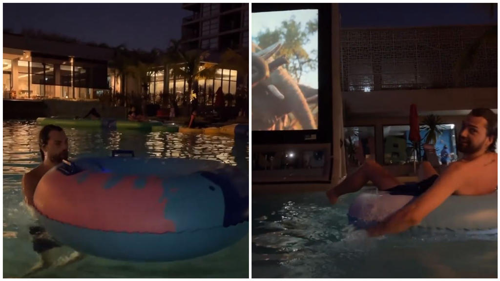 Jimi strahlt Yeliz an, während er es sich im Schwimmreifen gemütlich macht.