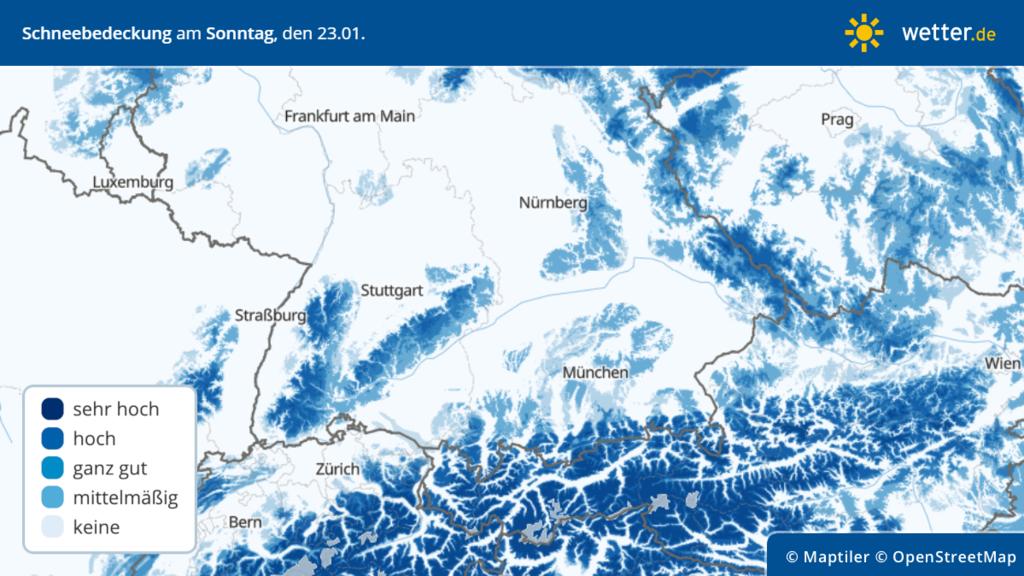 Die Karte zeigt, die wahrscheinliche Schneebedeckung mit Schnee in Deutschland.