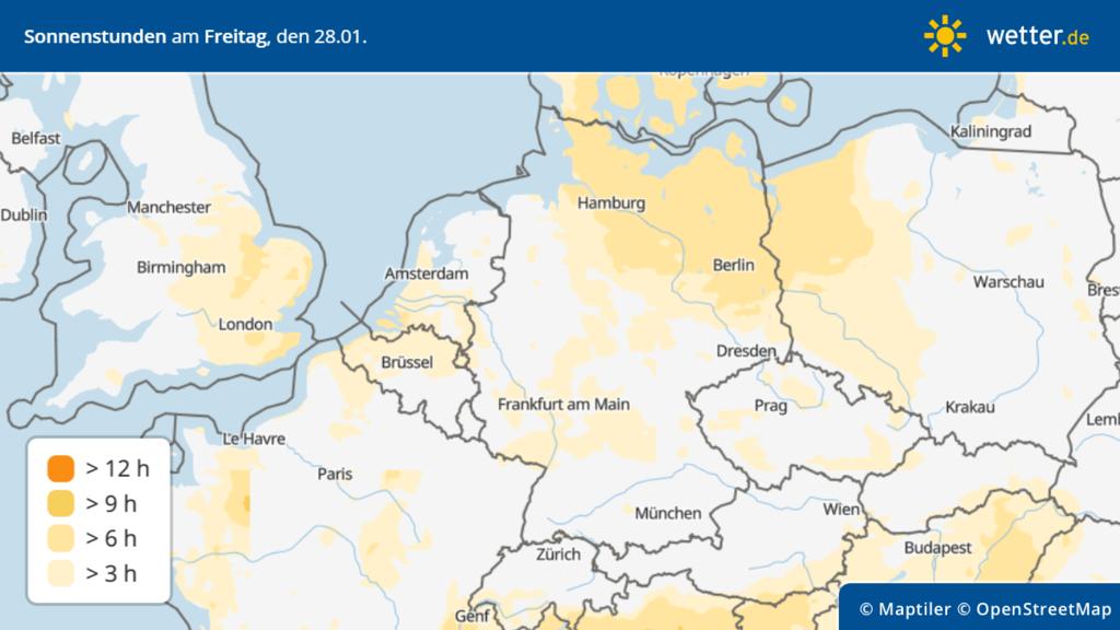 Prognose Sonnenscheindauer für Freitag, den 28.01.: In der Mitte und im Süden gibt es nicht viel Sonne