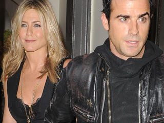 Jennifer Aniston and Justin Theroux leaving their apartment to go out for the evening in New York City.