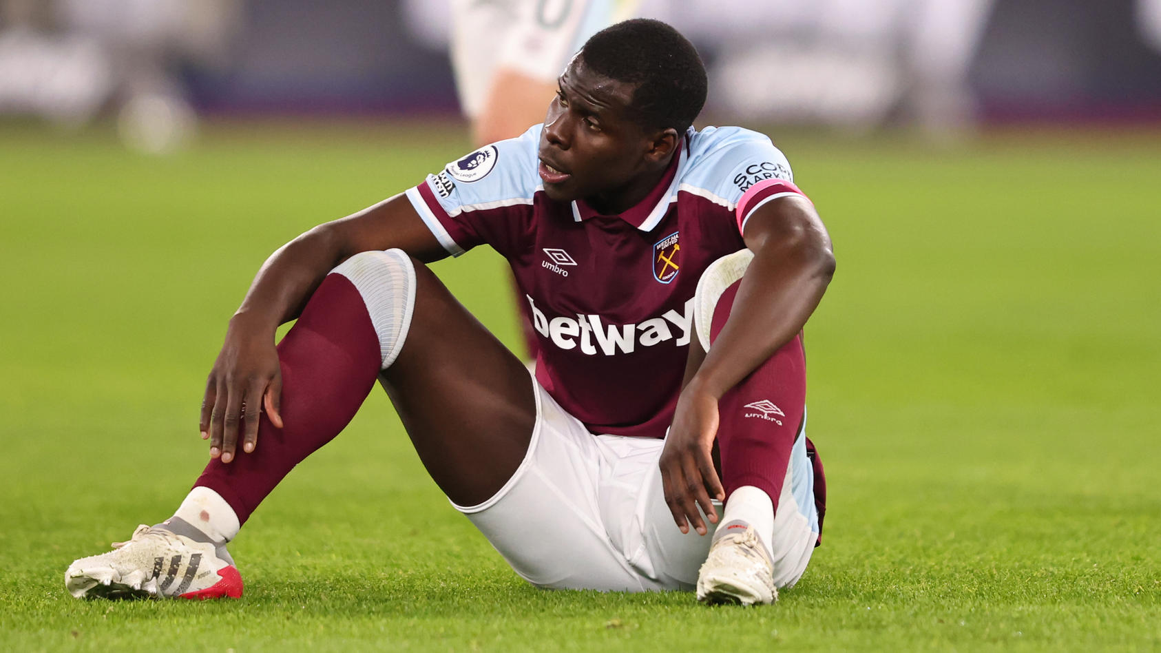 LONDON, ENGLAND - FEBRUARY 08:  Kurt Zouma of West Ham United looks dejected after  the Premier League match between West Ham United and Watford at London Stadium on February 8, 2022 in London, United Kingdom. (Photo by Marc Atkins/Getty Images)