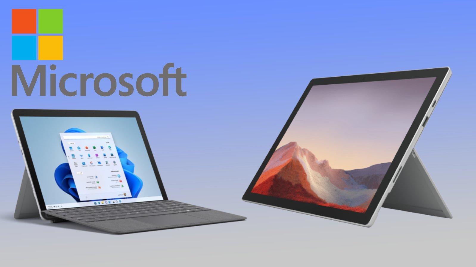 Das Microsoft Surface 7 und das Go3 stehen vor einem blauen Hintergrund.