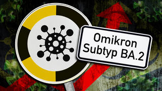 Schild mit Aufschrift "Omikron Subtyp BA.2"