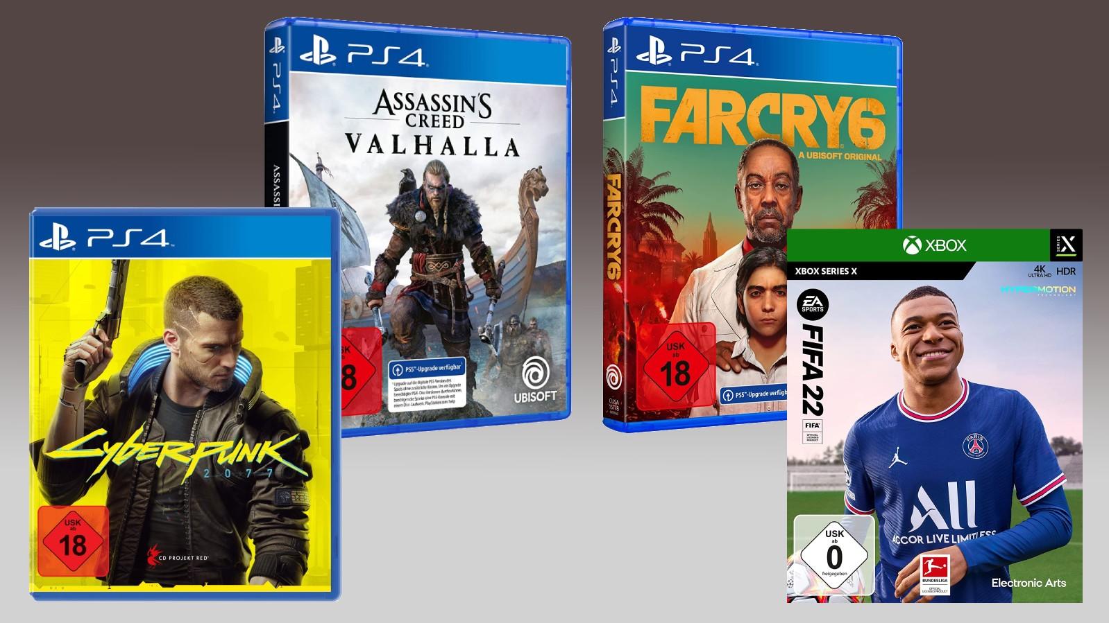 Farcry, Fifa, Assassins Creed und Cyberpunk-Spielecover vor einem grauen Hintergrund.