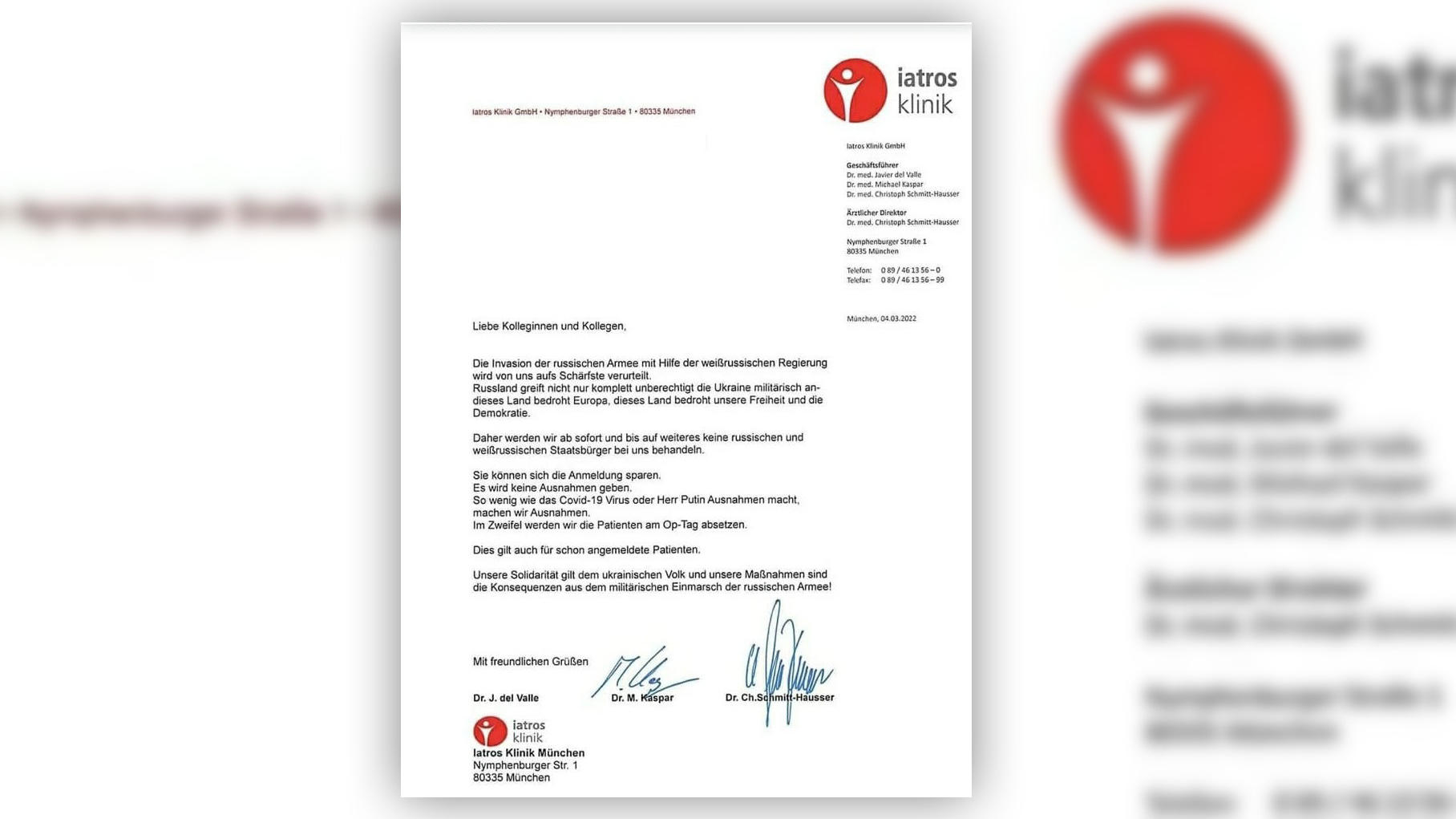 Dieser Brief einer Privatklinik aus München vom vergangenen Freitag (.04.03) sorgt für viel Kritik im Netz.