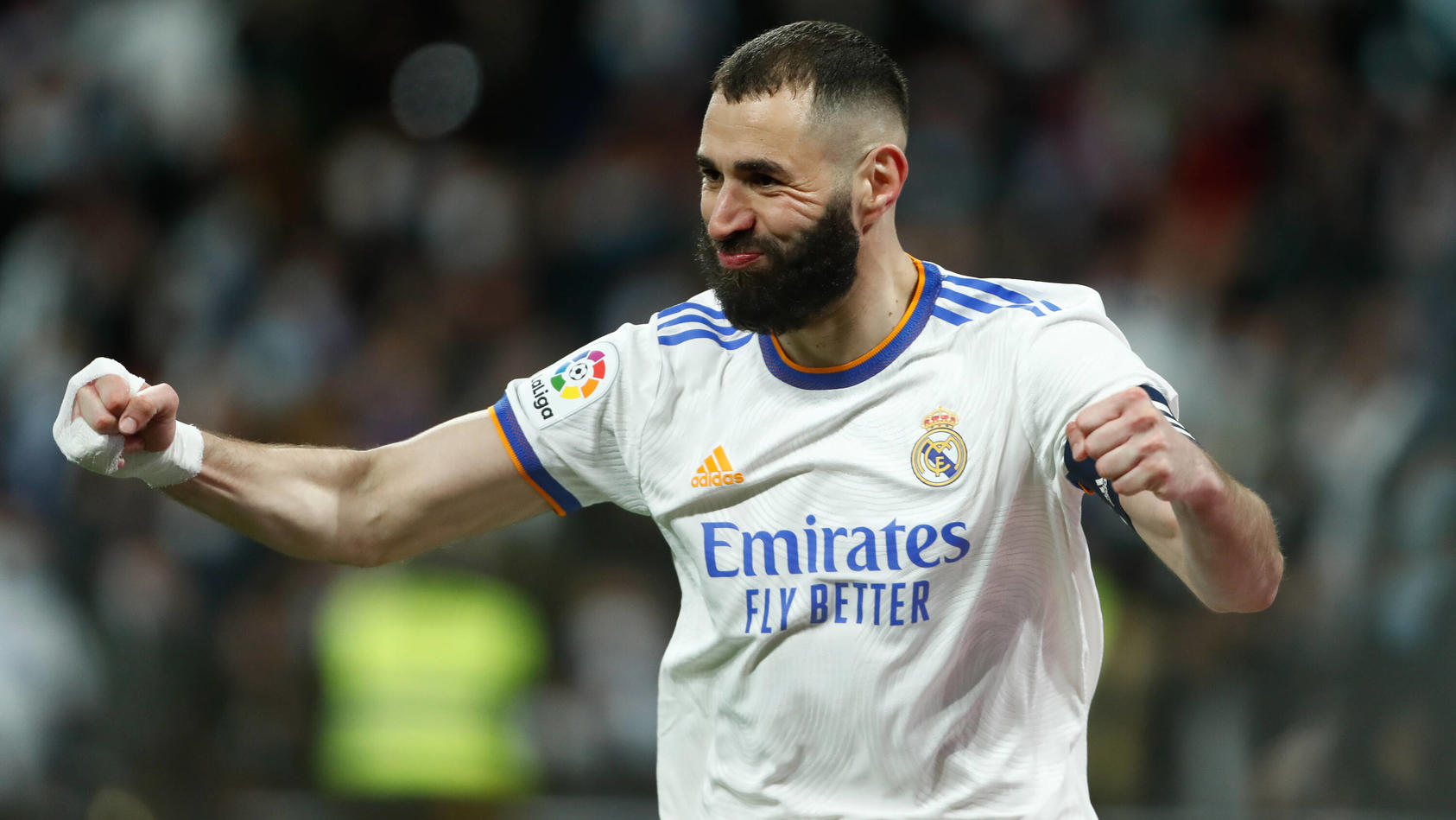  March 5, 2022, MADRID, MADRID, SPAIN: Karim Benzema of Real Madrid celebrates a goal during the spanish league, La Liga Santander, football match played between Real Madrid and Real Sociedad at Santiago Bernabeu stadium on March 05, 2022, in Madrid,