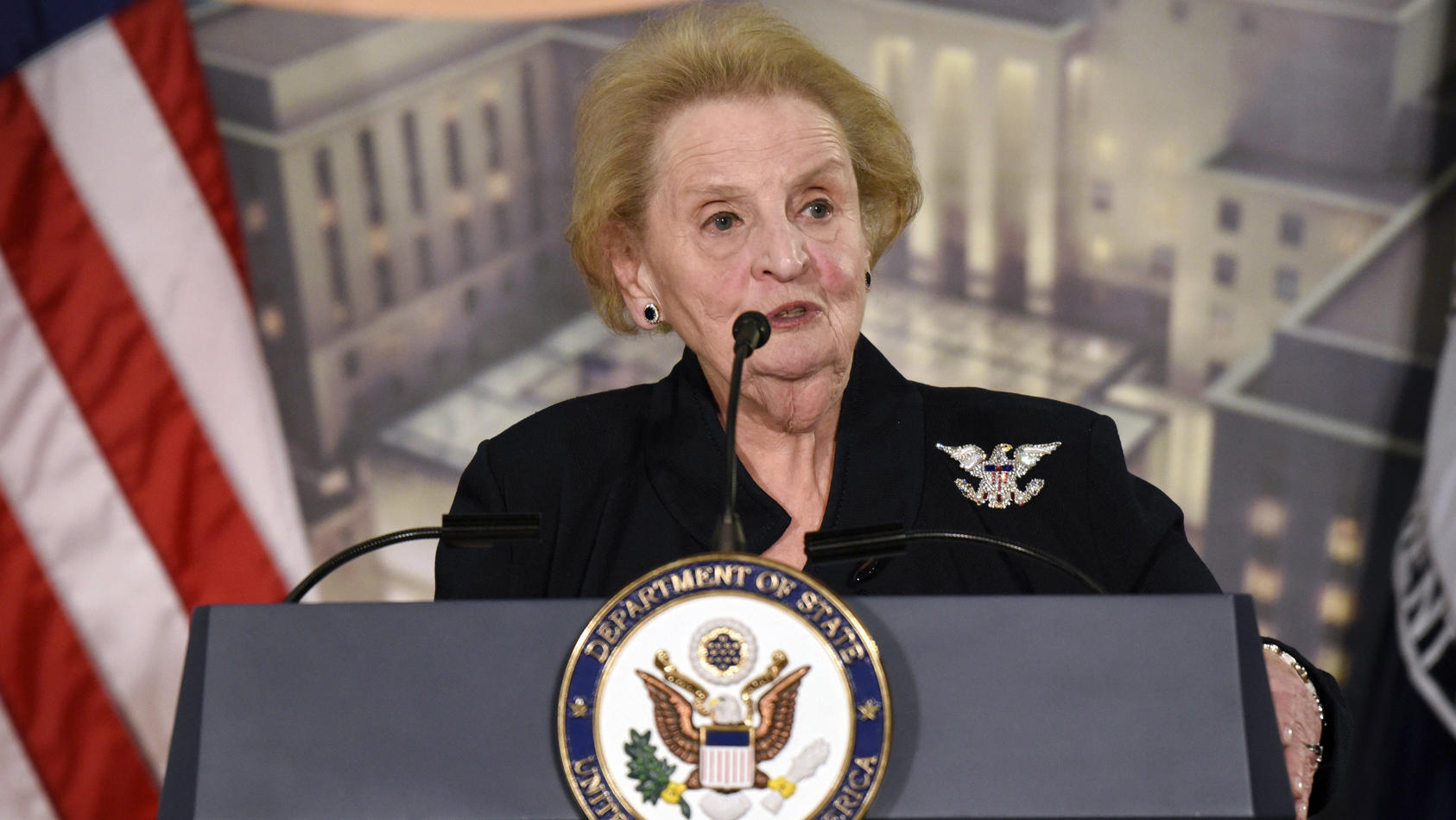 FILE - Former Secretary of State Madeleine Albright speaks at a reception celebrating the completion of the U.S. Diplomacy Center Pavilion at the State Department in Washington, Jan. 10, 2017. Albright has died of cancer, her family said Wednesday, M