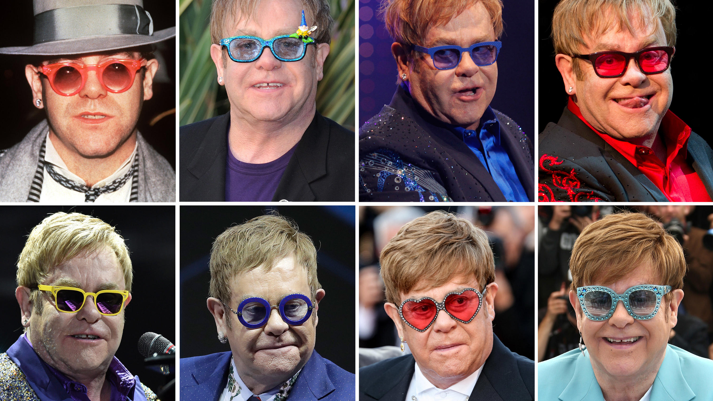Sänger Elton John - Aufnahmen (von oben, l-r) 1974, 2011, 2012, 2012 und (unten, l-r) 2014, 2019 und 2019. Am 25.03.2022 wird die Pop-Ikone 75 Jahre alt. (zu dpa «Stil