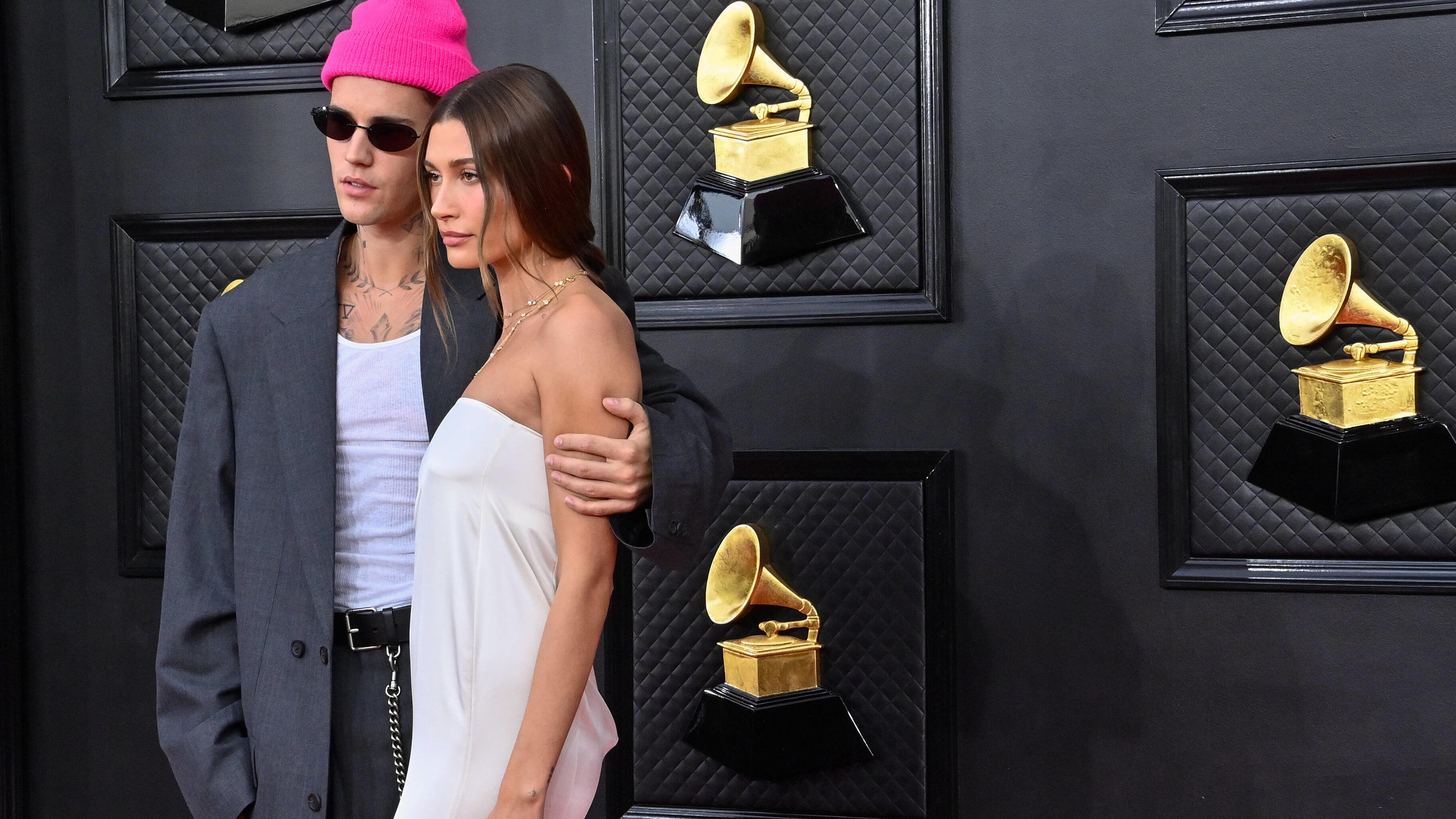  Justin Bieber and Hailey Bieber arrive for the 64th annual Grammy Awards at the MGM Grand Garden Arena in Las Vegas, Nevada on Sunday, April 3, 2022. PUBLICATIONxINxGERxSUIxAUTxHUNxONLY LAV202204031020 JIMxRUYMEN