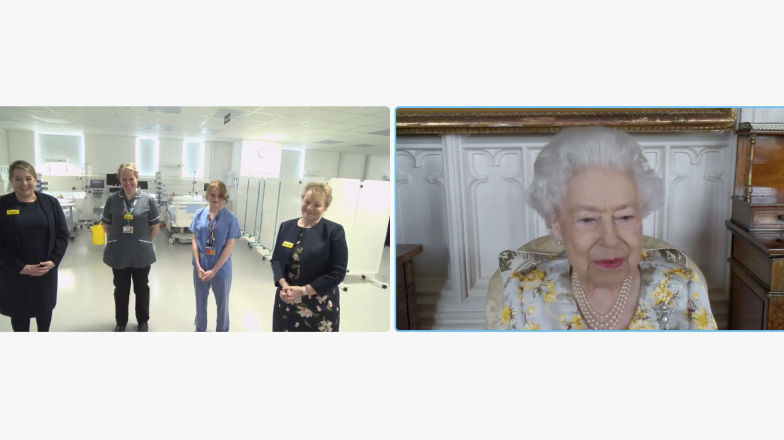 In this image from video issued by Buckingham Palace on Sunday, April 10, 2022, Britain's Queen Elizabeth II speaks to Lucie Butler, director of nursing and managing director of The Queen Elizabeth Unit; Nicola Rudkin, deputy associate director of nu