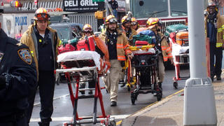  April 12, 2022, New York, New York, USA: April 12, 2022 New York, Mass shooting on New York City Train. A person dressed in a Neon Green Construction Workers Vest as the train pulled into the station he set off a smoke grenade then proceeded to shoot passengers.16 people injured, 10 shot and 5 in critical condition. New York USA - ZUMAct2_ 20220412_zaf_ct2_050 Copyright: xBrucexCotlerx