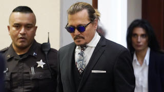 Actor Johnny Depp appears in the courtroom at the Fairfax County Circuit Courthouse in Fairfax, Va., Monday April 18, 2022. Depp sued his ex-wife Amber Heard for libel in Fairfax County Circuit Court after she wrote an op-ed piece in The Washington Post in 2018 referring to herself as a "public figure representing domestic abuse." (AP Photo/Steve Helber, Pool)