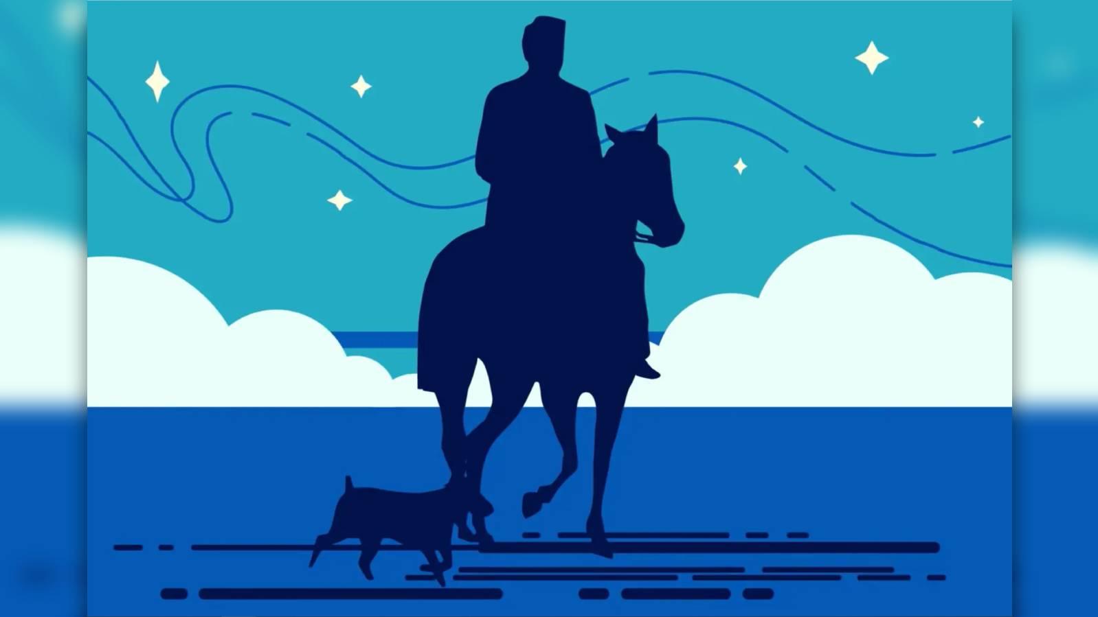 Illustration eines Reiters auf einem Pferd vor einem Horizont