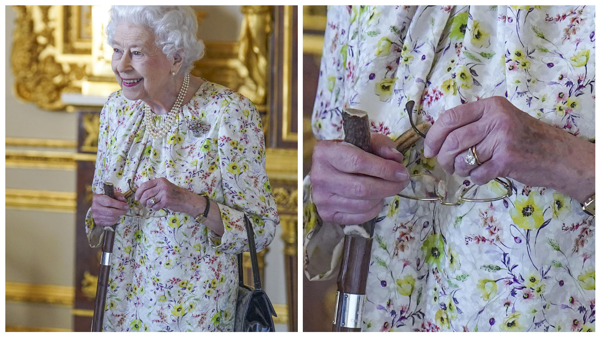 Die Queen gut gelaunt, aber wieder mit leicht verfärbten Händen bei einem Auftritt im März 2022.
