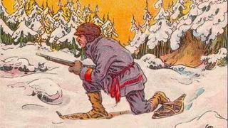 Gezeichnetes Suchbild: Jäger im Wald und Bär im Hintergrund