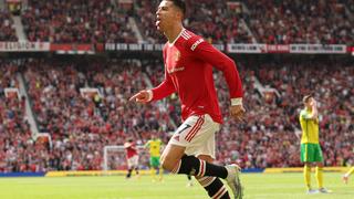  Mandatory Credit: Photo by Paul Currie/Shutterstock 12894309af Cristiano Ronaldo of Manchester United, ManU celebrates scoring the 1st goal Manchester United v Norwich City, Premier League, Football, Old Trafford, Manchester, UK - 16 Apr 2022 EDITORIAL USE ONLY No use with unauthorised audio, video, data, fixture lists, club/league logos or live services. Online in-match use limited to 120 images, no video emulation. No use in betting, games or single club/league/player publications. Manchester United v Norwich City, Premier League, Football, Old Trafford, Manchester, UK - 16 Apr 2022 EDITORIAL USE ONLY No use with unauthorised audio, video, data, fixture lists, club/league logos or live services. Online in-match use limited to 120 images, no video emulation. No use in betting, games or single club/league/player publications. PUBLICATIONxINxGERxSUIxAUTXHUNxGRExMLTxCYPxROMxBULxUAExKSAxONLY Copyright: xPaulxCurrie/Shutterstockx 12894309af