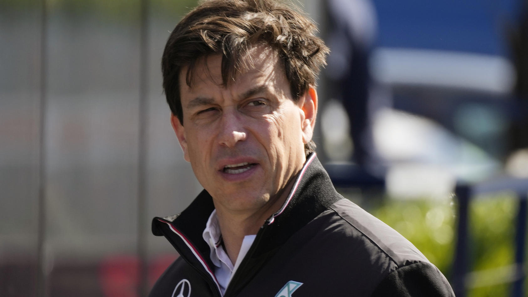 Team chief of Mercedes-AMG Petronas Toto Wolff arrives in the paddock ahead the Emilia Romagna Formula One Grand Prix, at the Enzo and Dino Ferrari racetrack, in Imola, Italy, Sunday, April 24, 2022. (AP Photo/Luca Bruno)