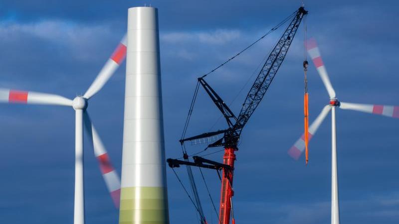 In einem bestehenden Windpark wird ein Turm für eine neue Anlage errichtet. Foto: Jens Büttner/dpa-Zentralbild/dpa/Symbolbild
