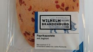 Die Wurst „Wilhelm Brandenburg, Paprikapastete mit Joghurt, 100g“ wird wegen Metallteilchen zurückgerufen.