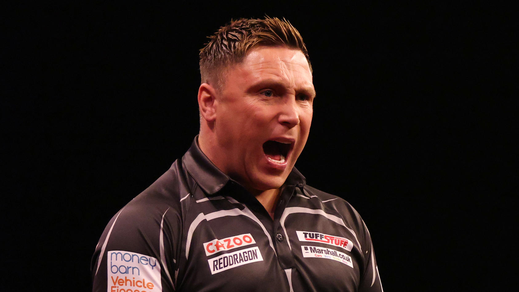 SHEFFIELD, ENGLAND - MAY 12: Gerwyn Price of Wales celebrates during their match against Michael van Gerwen of Netherlands on night 14 of the Cazoo Premier League Darts at Utilita Area Sheffield on May 12, 2022 in Sheffield, England. (Photo by George