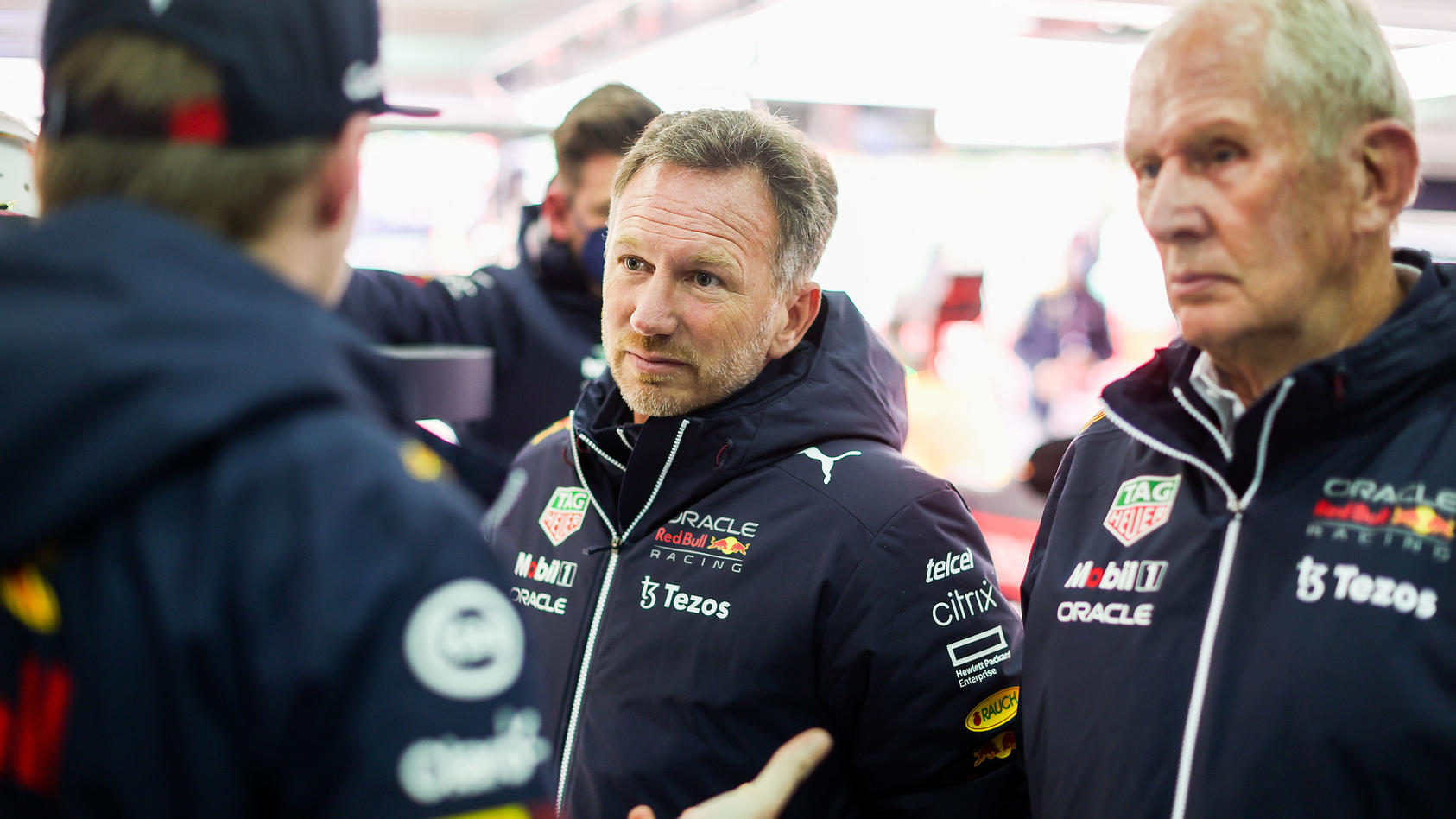 IMOLA, ITALY - APRIL 22: Christian Horner of Great Britain and Red Bull Racing and Helmut Marko of Red Bull Racing and Austria chat with Max Verstappen of Red Bull Racing and The Netherlands  during practice/ ahead of the F1 Grand Prix of Emilia Roma