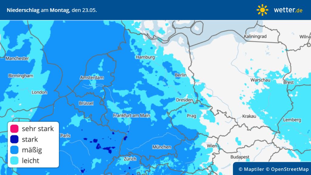 The graphic shows the rainfall forecast for Monday, May 23, 2022