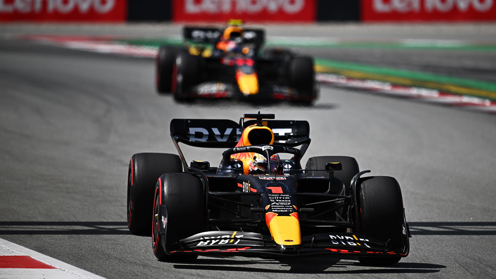 BARCELONA, SPAIN - MAY 22: Max Verstappen of the Netherlands driving the (1) Oracle Red Bull Racing RB18 leads Sergio Perez of Mexico driving the (11) Oracle Red Bull Racing RB18 during the F1 Grand Prix of Spain at Circuit de Barcelona-Catalunya on 