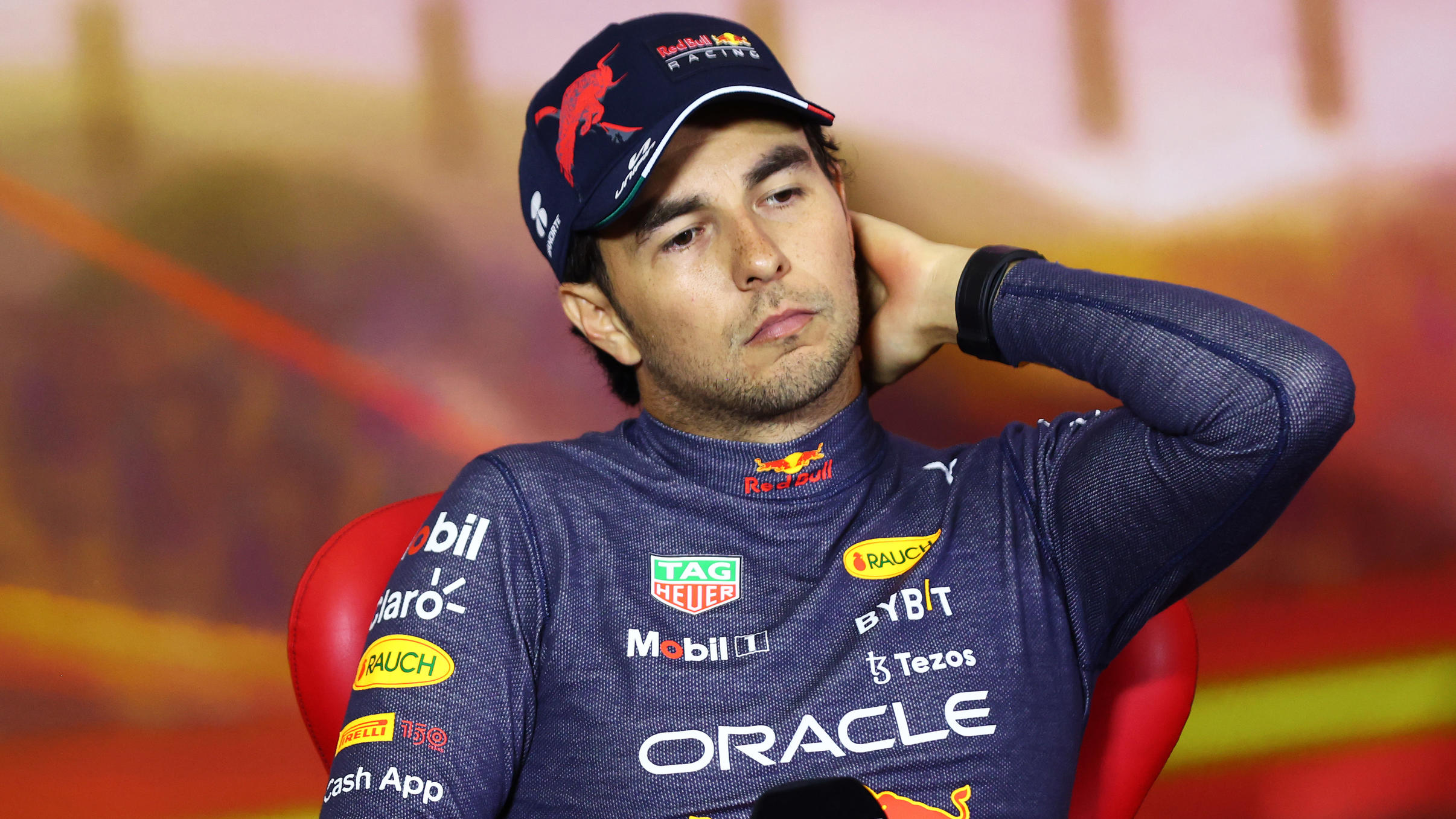 BARCELONA, SPAIN - MAY 22: Second placed Sergio Perez of Mexico and Oracle Red Bull Racing looks on in the press conference after the F1 Grand Prix of Spain at Circuit de Barcelona-Catalunya on May 22, 2022 in Barcelona, Spain. (Photo by Dan Istitene